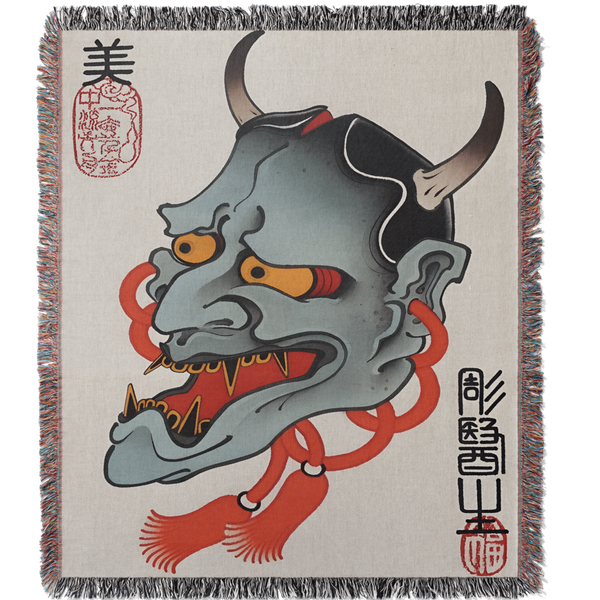 Oni Mask Woven Blanket Tapestry