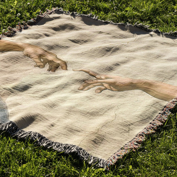 The Creation of Adam by Michelangelo Woven Blanket Tapestry