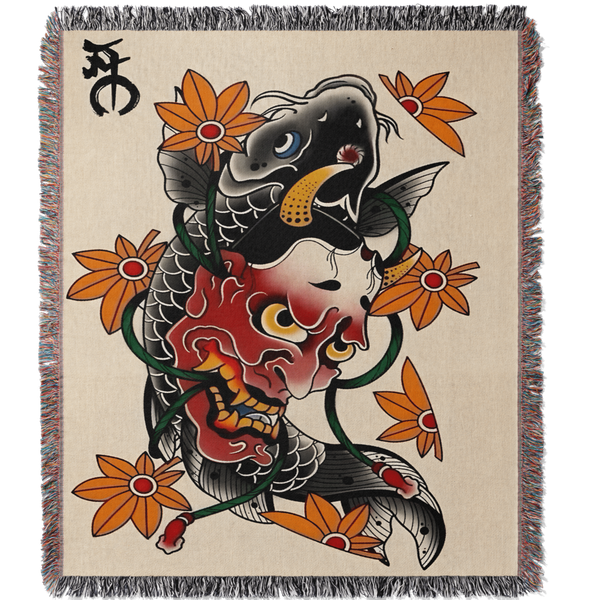 Koi Fish Oni Mask Woven Blanket Tapestry