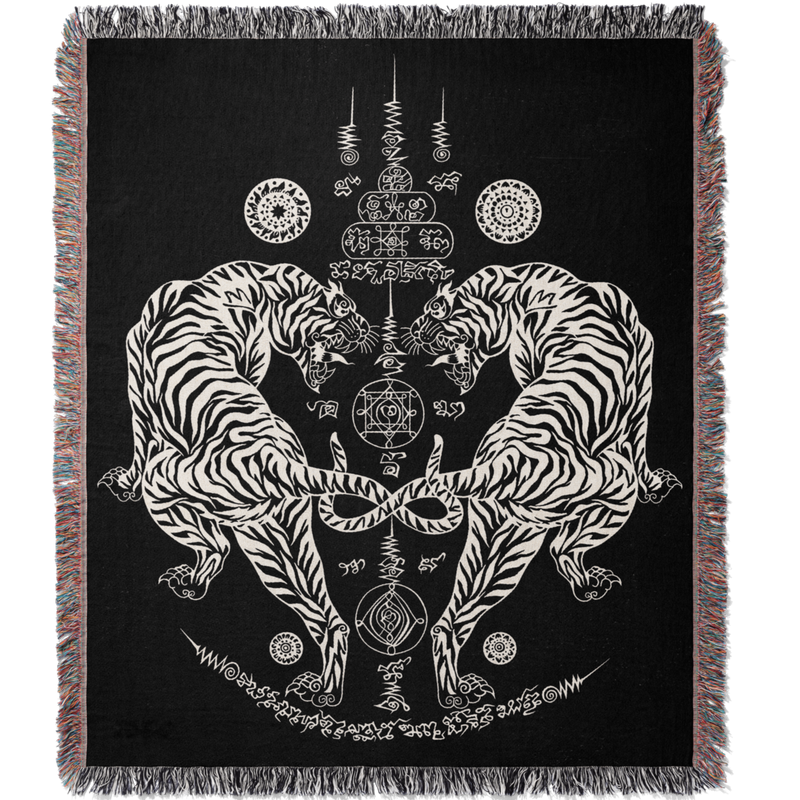 Twin Tigers Sak Yant Woven Blanket Tapestry