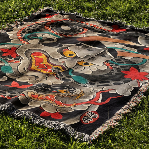 Snake and Oni Mask Woven Blanket Tapestry