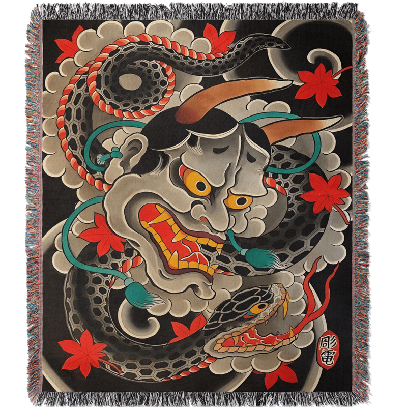 Snake and Oni Mask Woven Blanket Tapestry